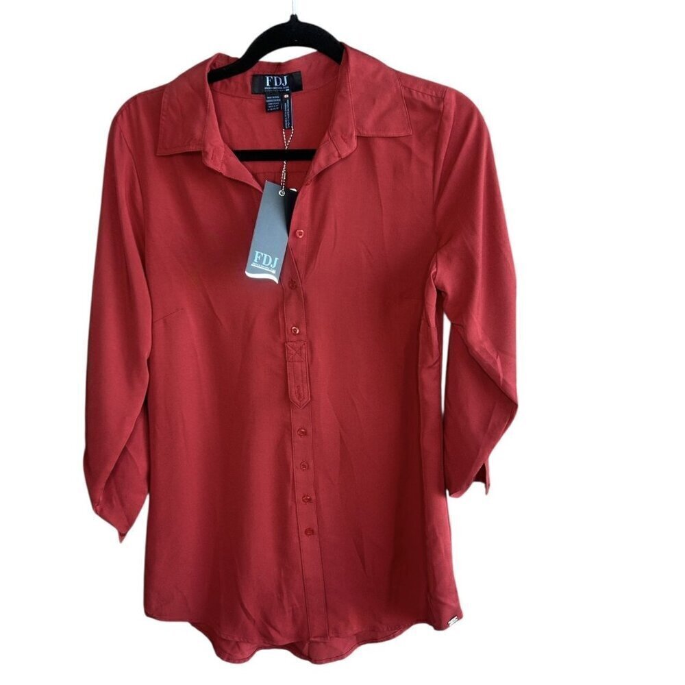 FDJ French Dressing Jeans Paprika Tunic Length Roll Tab Sleeve Blouse NWT Large